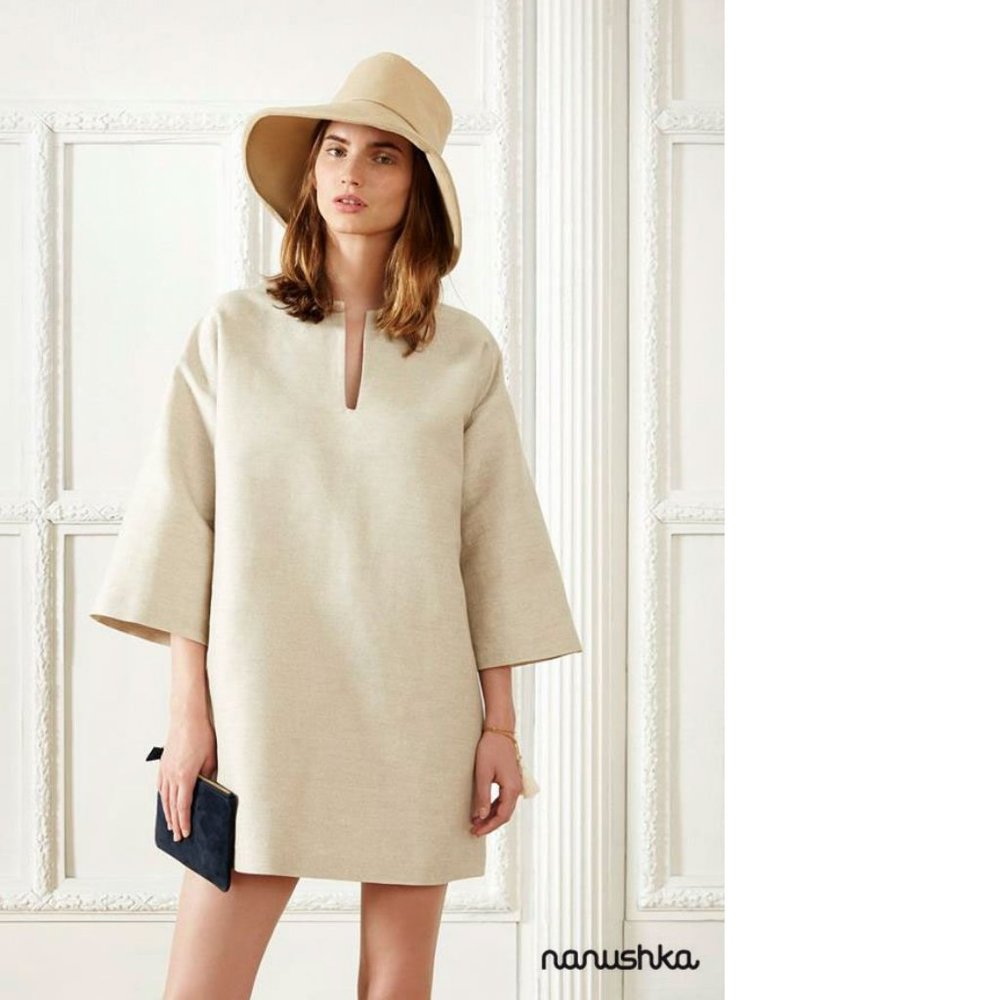 NWT Nanushka Linen Beige Oversized Caftan Mini Dress Tunic size XS